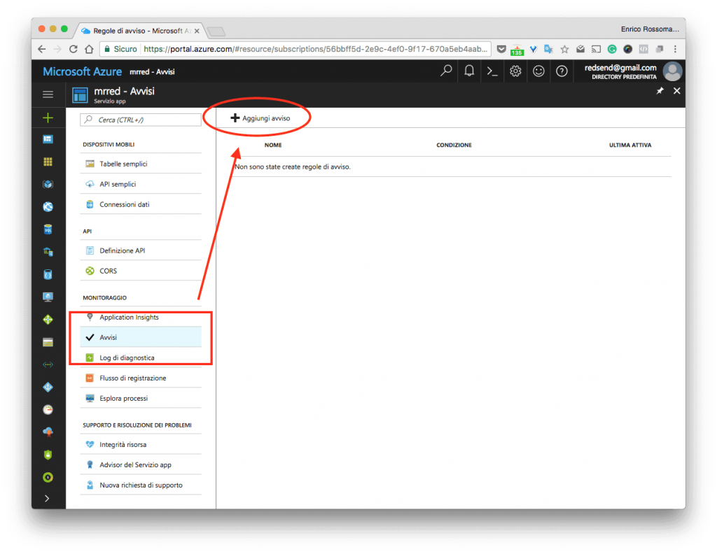 Nel portale di Microsoft Azure, sezione Avvisi, premiamo sul pulsante in alto “+ Aggiungi avviso”
