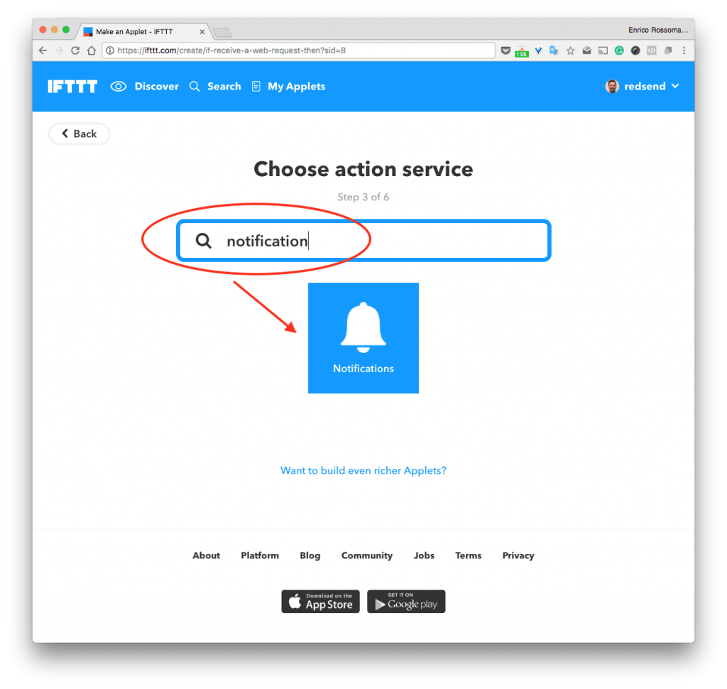 Cerchiamo “Notification”, il servizio di notifiche offerte da IFTTT